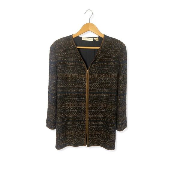 Scala Vintage Silk Beaded Jacket Black Gold Medium | Elegant Cocktail Evening We - Picture 3 of 5